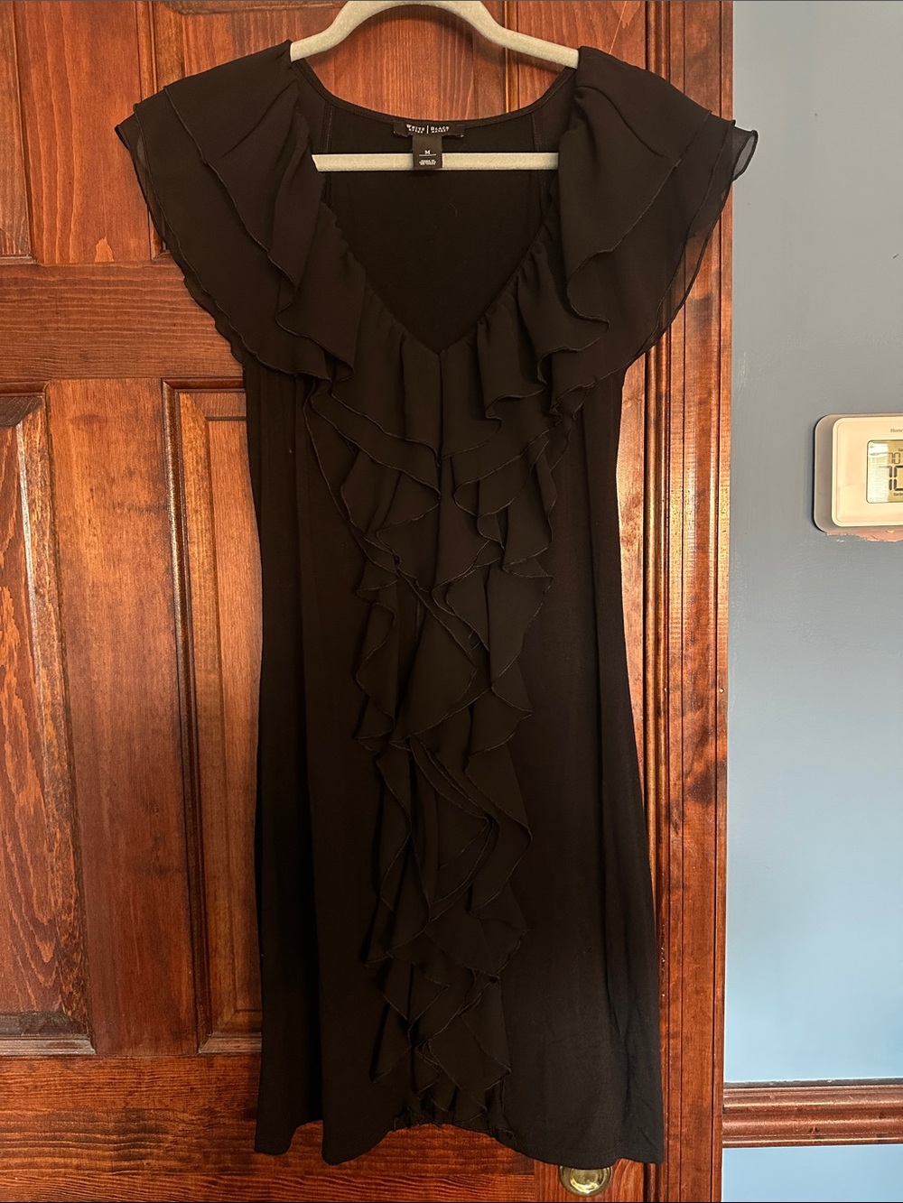 White House Black Market Black Ruffle-Front Dress with Flutter Sleeves
